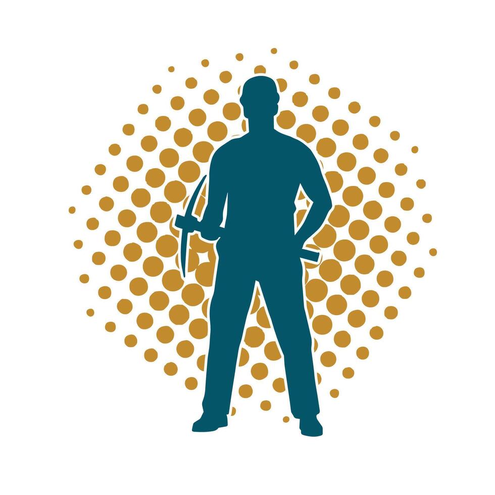 Silhouette of a man in worker costume carrying pick axe tool in action pose. vector