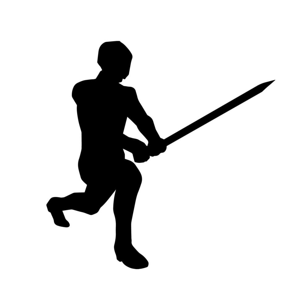 Silhouette of a male warrior in action pose with sword weapon. Silhouette of a man fighter carrying sword weapon. vector