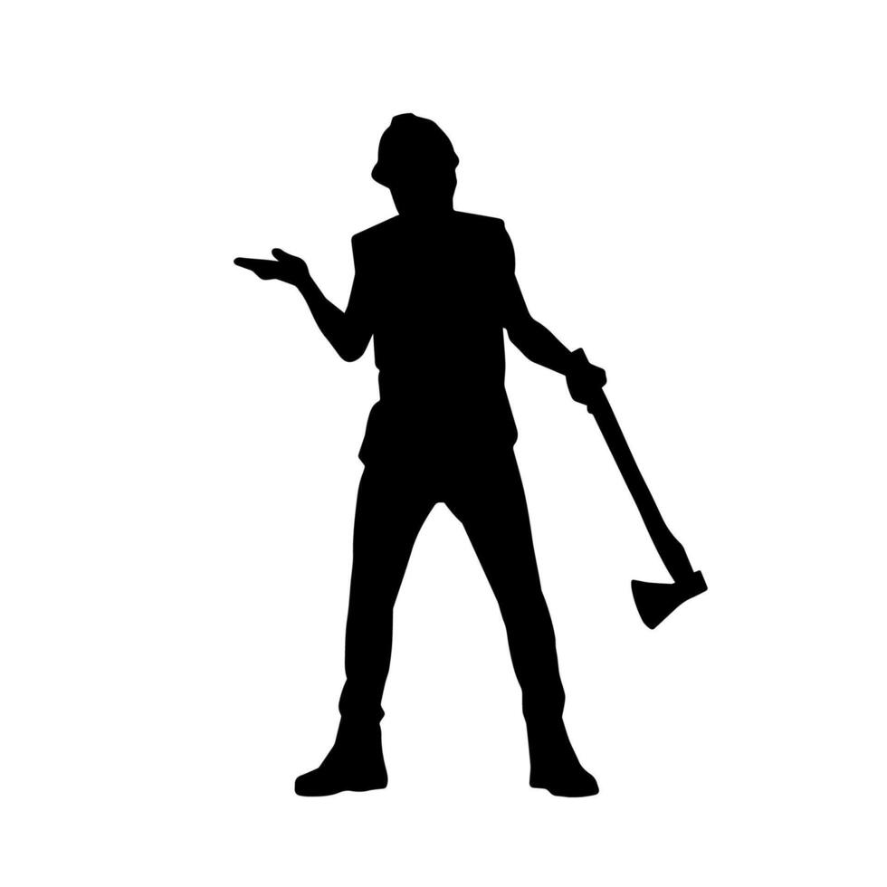 Silhouette of a worker in action pose using his axe tool. vector