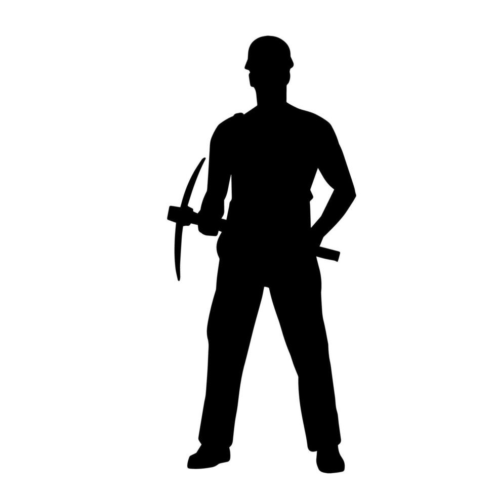 Silhouette of a man in worker costume carrying pick axe tool in action pose. vector