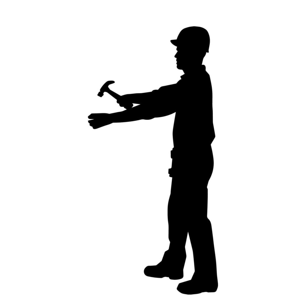 silueta de un trabajador en acción actitud utilizando su trineo martillo herramienta. vector
