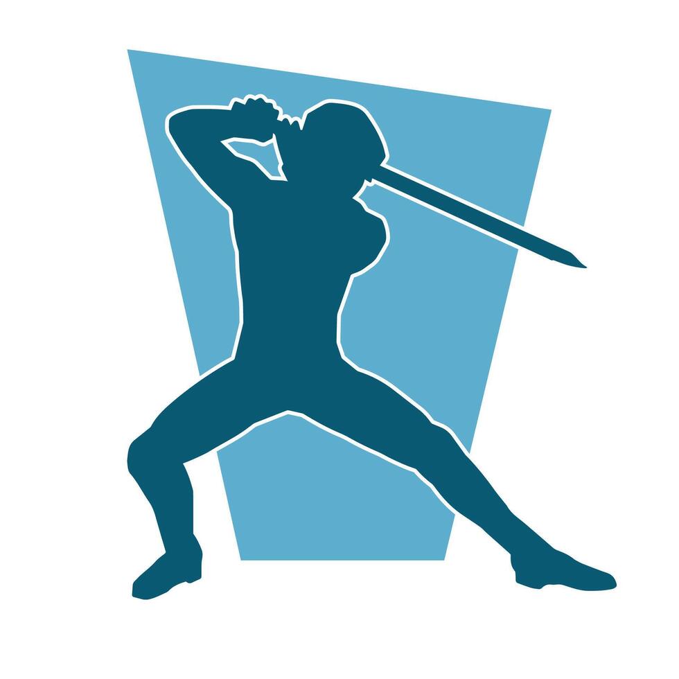 Silhouette of a male warrior in action pose with sword weapon. Silhouette of a man fighter carrying sword weapon. vector