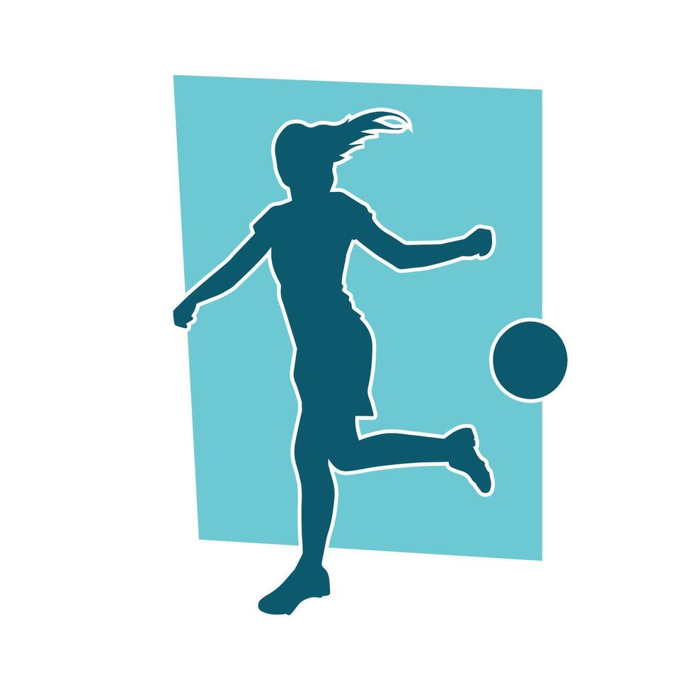 Silhouette of a female soccer player kicking a ball. Silhouette of a football player woman in action pose. vector