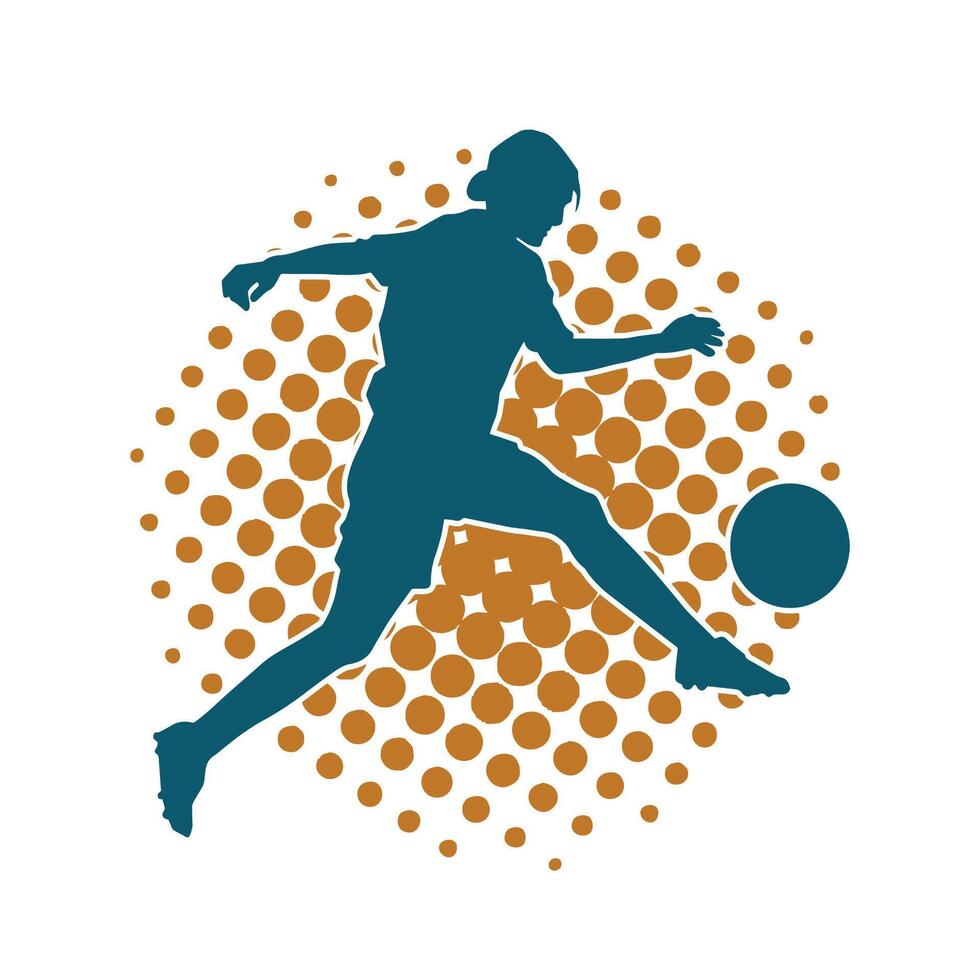 Silhouette of a female soccer player kicking a ball. Silhouette of a football player woman in action pose. vector