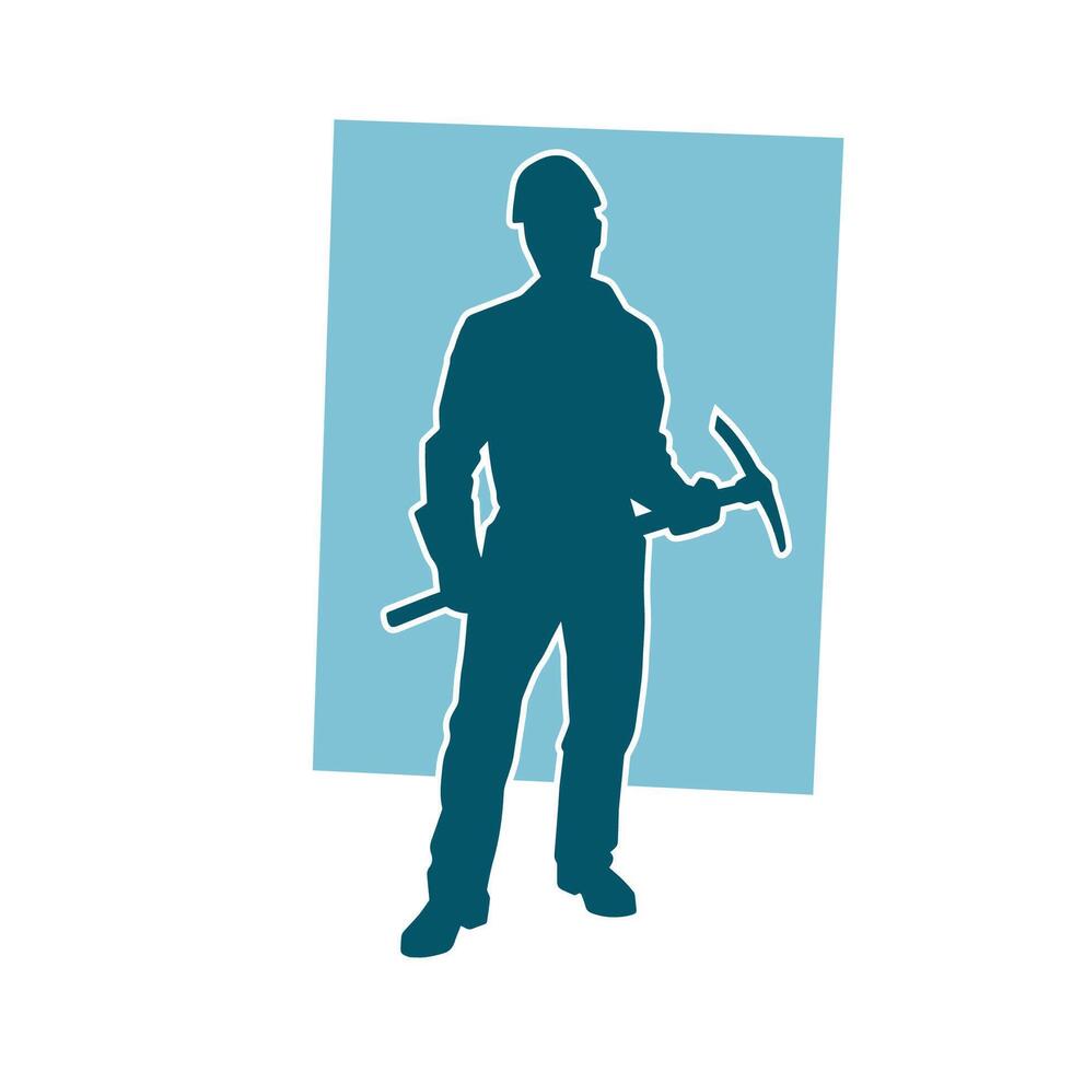 Silhouette of a man in worker costume carrying pick axe tool in action pose. vector