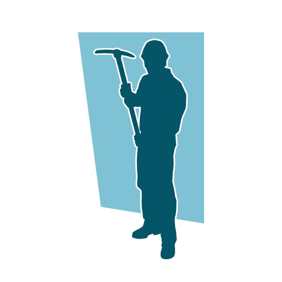 Silhouette of a man in worker costume carrying pick axe tool in action pose. vector