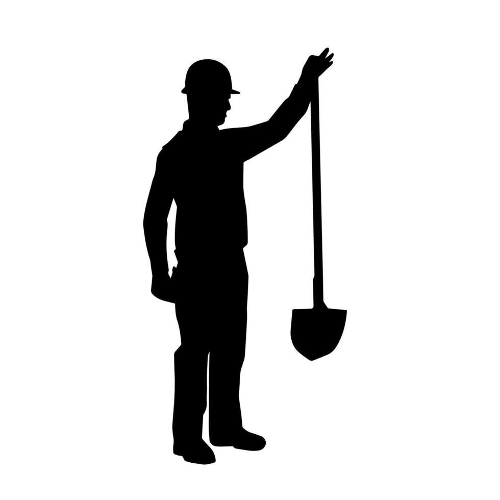 Silhouette of a worker carrying shovel tool. Silhouette of a worker in action pose using shovel tool. vector