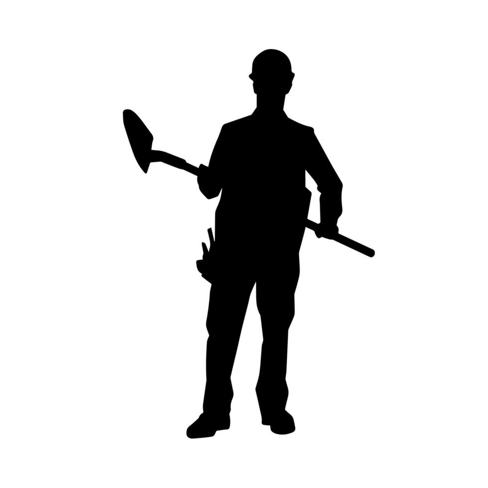 Silhouette of a worker carrying shovel tool. Silhouette of a worker in action pose using shovel tool. vector