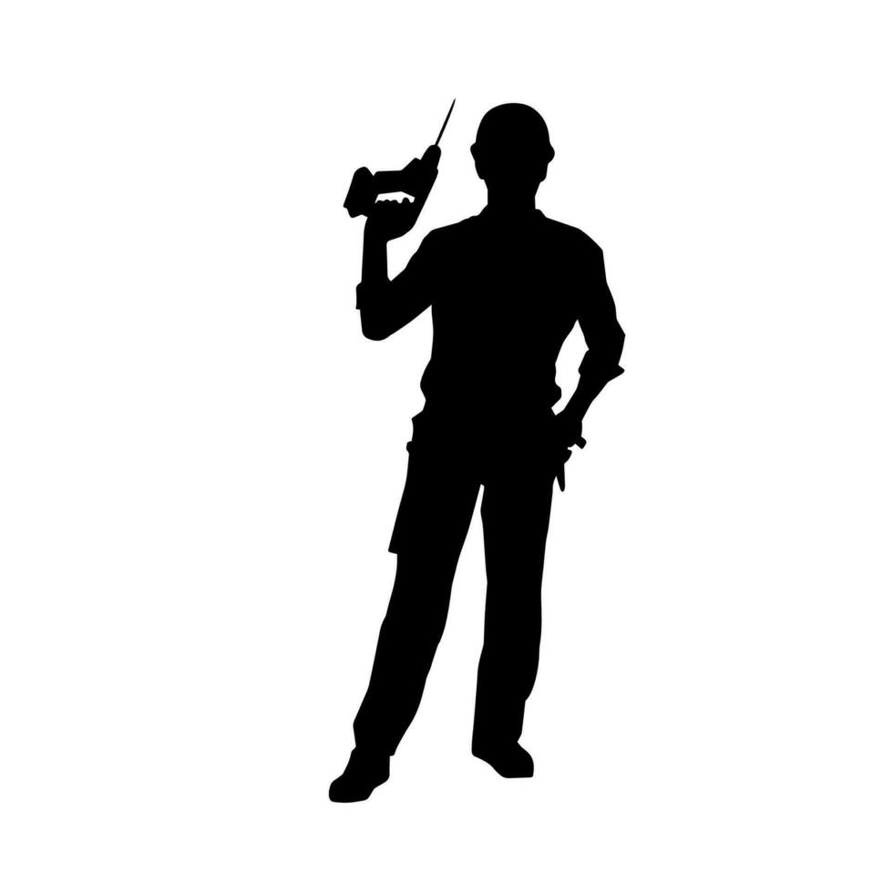 Silhouette of man in construction worker costume carrying drill power tool. Silhouette of construction worker male in action pose with power tool driller. vector