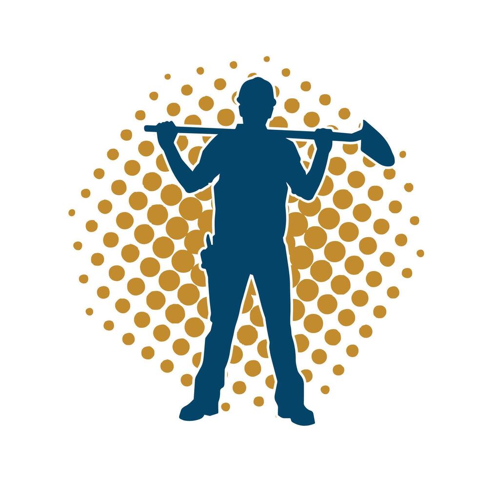 Silhouette of a worker carrying shovel tool. Silhouette of a worker in action pose using shovel tool. vector