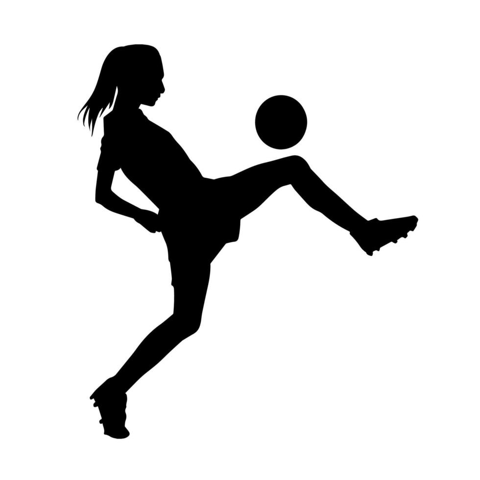 Silhouette of a female soccer player kicking a ball. Silhouette of a football player woman in action pose. vector