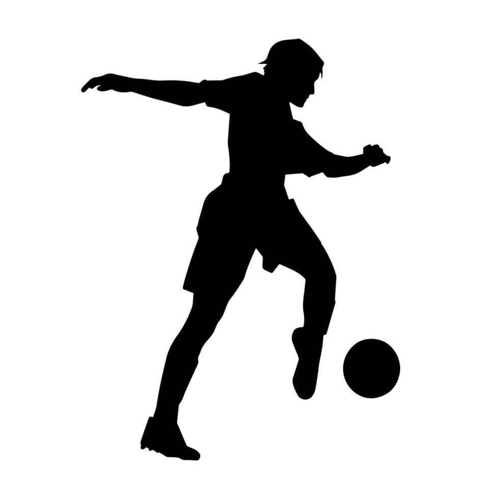 Silhouette of a female soccer player kicking a ball. Silhouette of a football player woman in action pose. vector