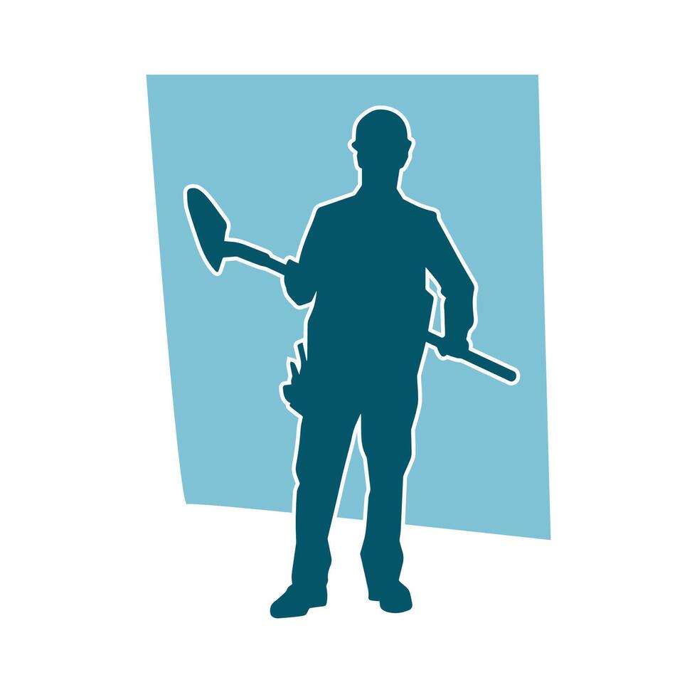 Silhouette of a worker carrying shovel tool. Silhouette of a worker in action pose using shovel tool. vector