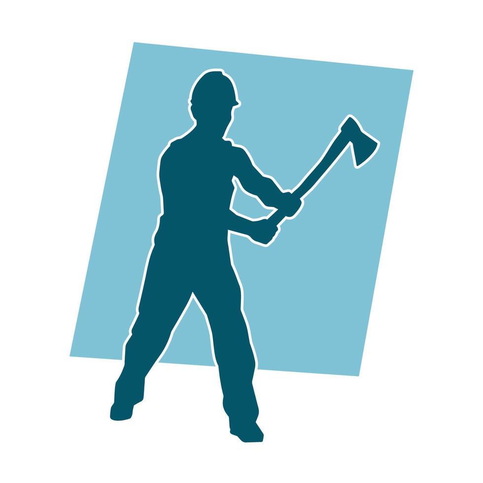 Silhouette of a worker in action pose using his axe tool. vector