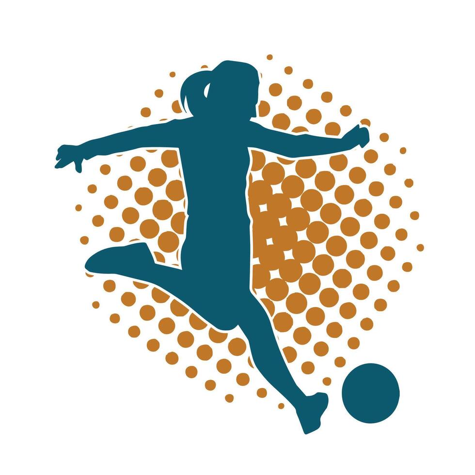 Silhouette of a female soccer player kicking a ball. Silhouette of a football player woman in action pose. vector