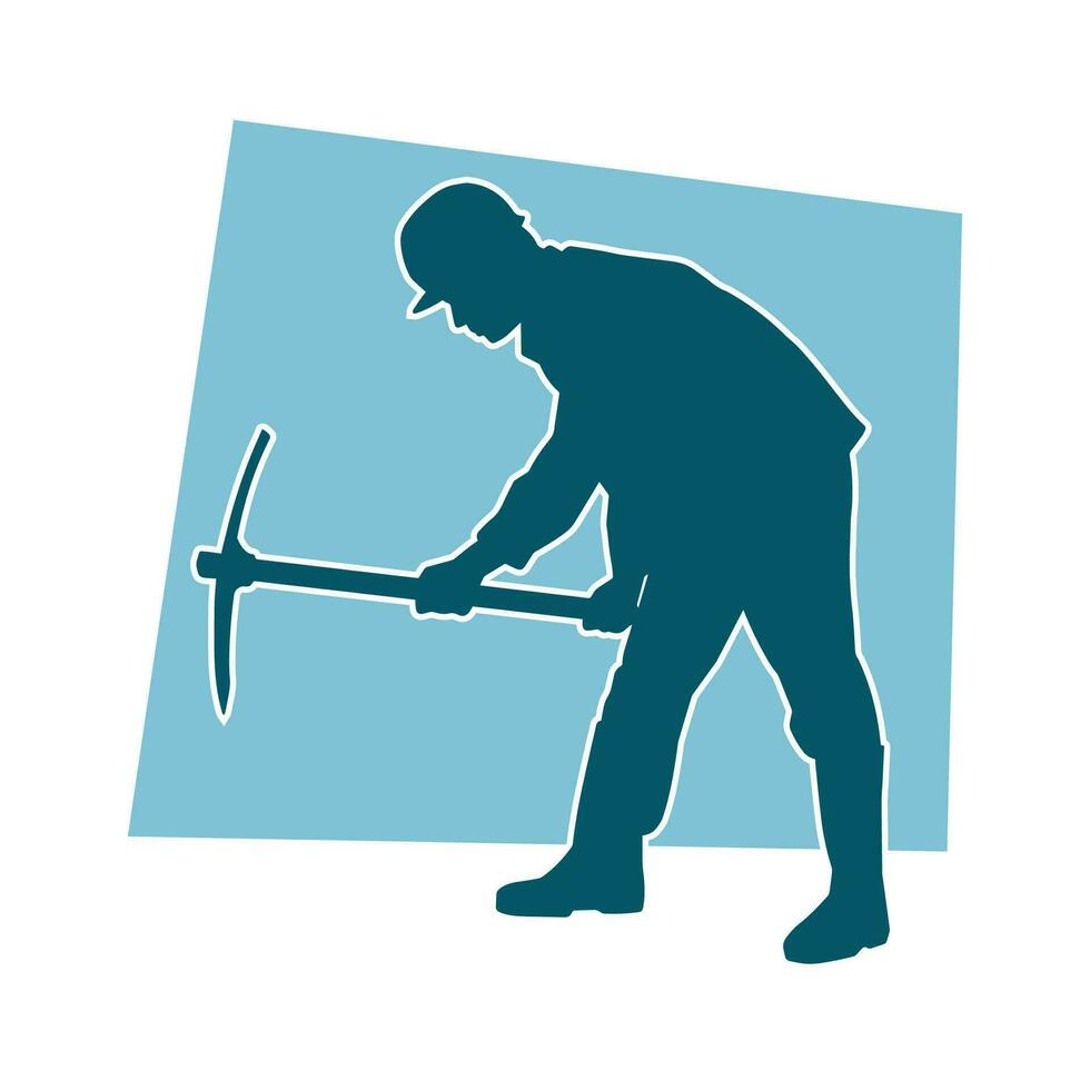 Silhouette of a man in worker costume carrying pick axe tool in action pose. vector