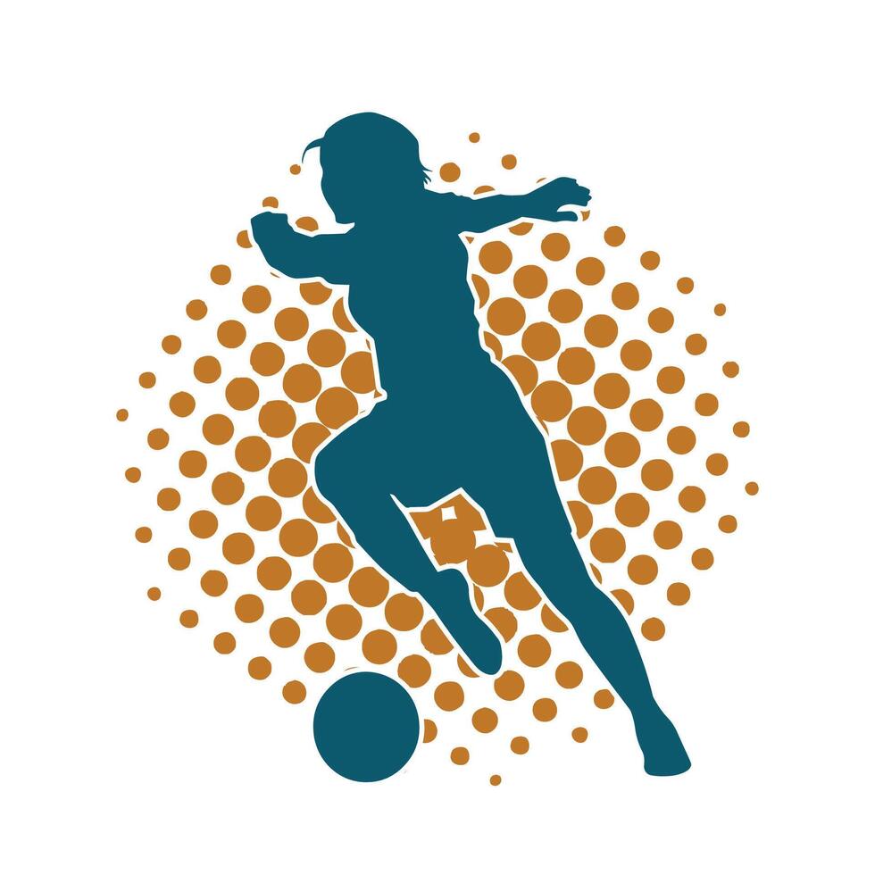 Silhouette of a female soccer player kicking a ball. Silhouette of a football player woman in action pose. vector