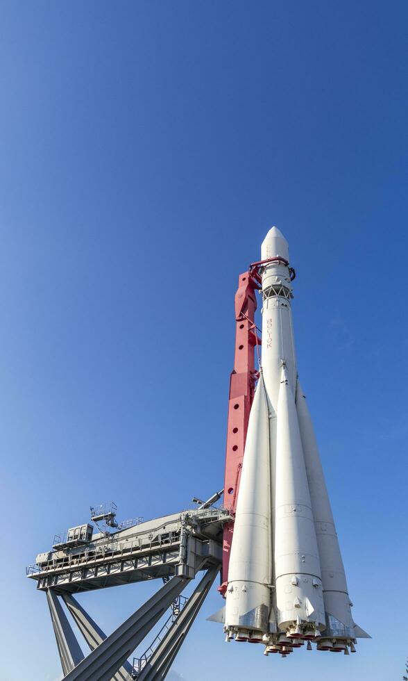 Moscow, Russia - 07.09.2023 - Space Rocket Vostok displayed at Exhibition of Achievements of National Economy site, known as VDNKH. Landmark photo