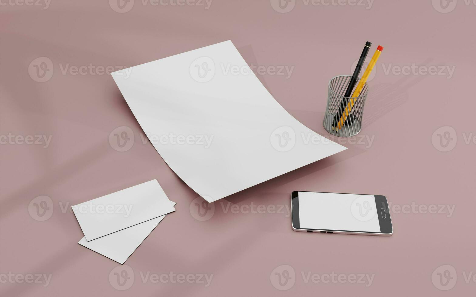 blank sheet, cell phone and business cards for branding presentation, 3d mockup network photo