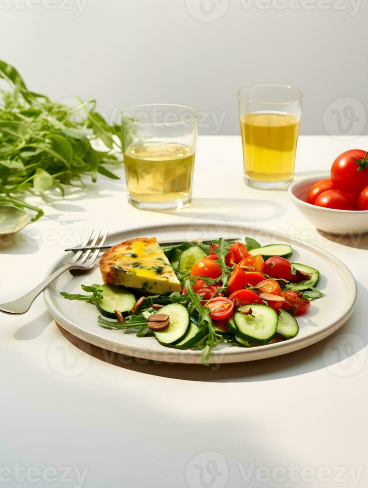 ai generado vegetal ensalada y tortilla, en un blanco redondo mesa, antecedentes hogar ligero lujo, zara estilo foto