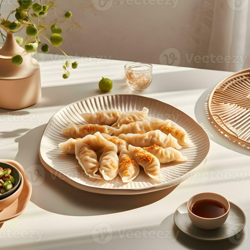 AI generated Product photography, oval irregular white ceramic dumpling gyoza plate, with dipping dish, with dumplings, on a white round table, background home light luxury, zara style photo