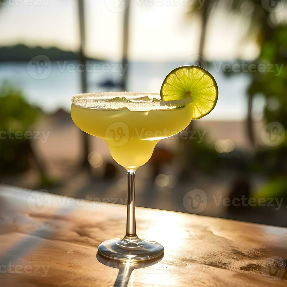 AI generated Margarita Daiquiri. cocktail with ice, Basil and lemon slices. cocktail at the bar. Bask in the warm afternoon sun. The backdrop is a calm sea with a bokeh effect. photo