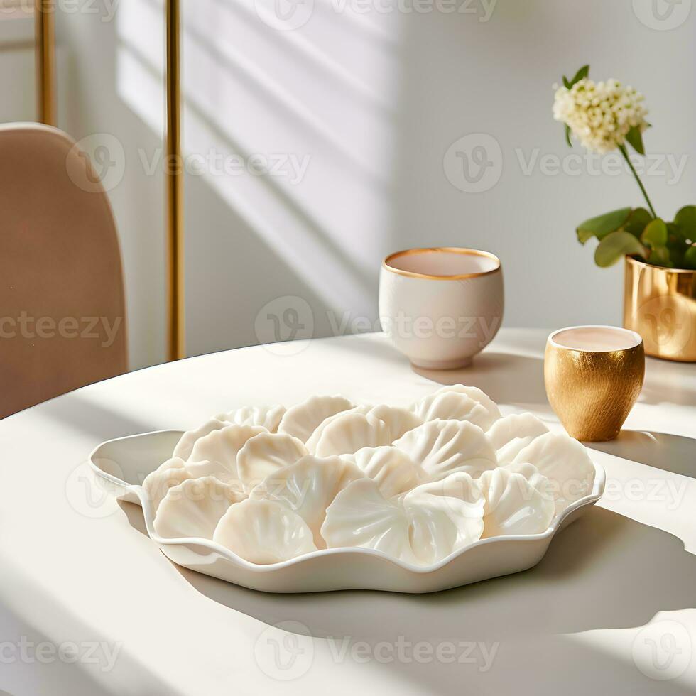 AI generated Product photography, oval irregular white ceramic dumpling gyoza plate, with dipping dish, with dumplings, on a white round table, background home light luxury, zara style photo