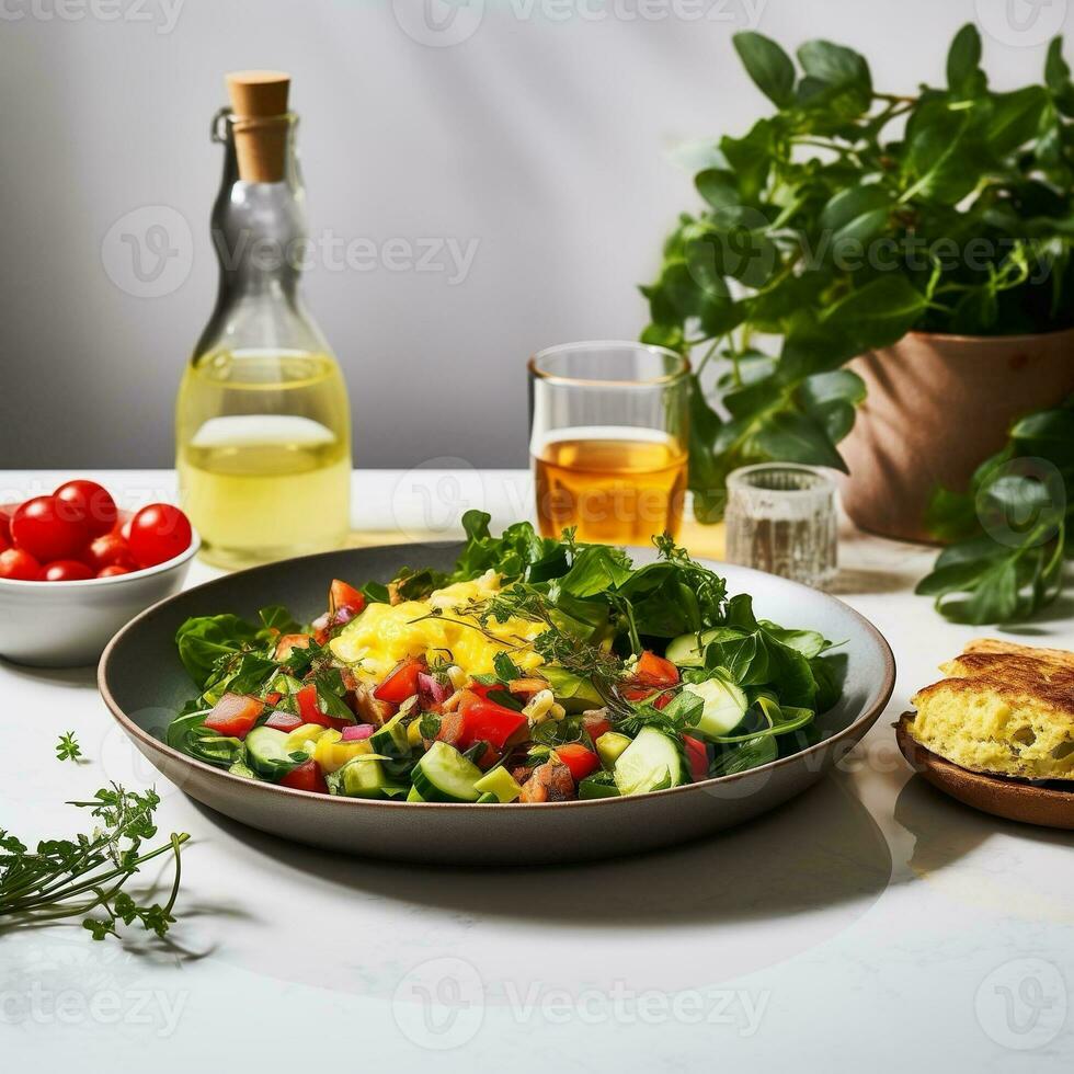 AI generated Vegetable Salad with Boiled Egg Slices, on a white round table, background home light luxury, zara style photo