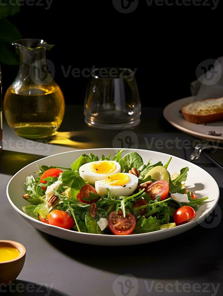 ai generado vegetal ensalada con hervido huevo rebanadas, en un blanco redondo mesa, antecedentes hogar ligero lujo, zara estilo foto