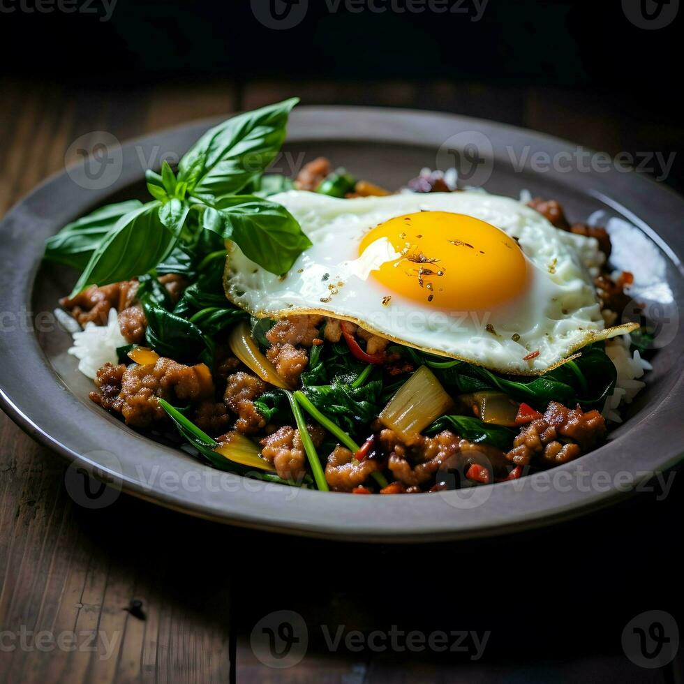 ai generado almohadilla ka-prao mugir , remover frito tailandés albahaca con picado Cerdo y un frito huevo en rematado, caliente y picante foto