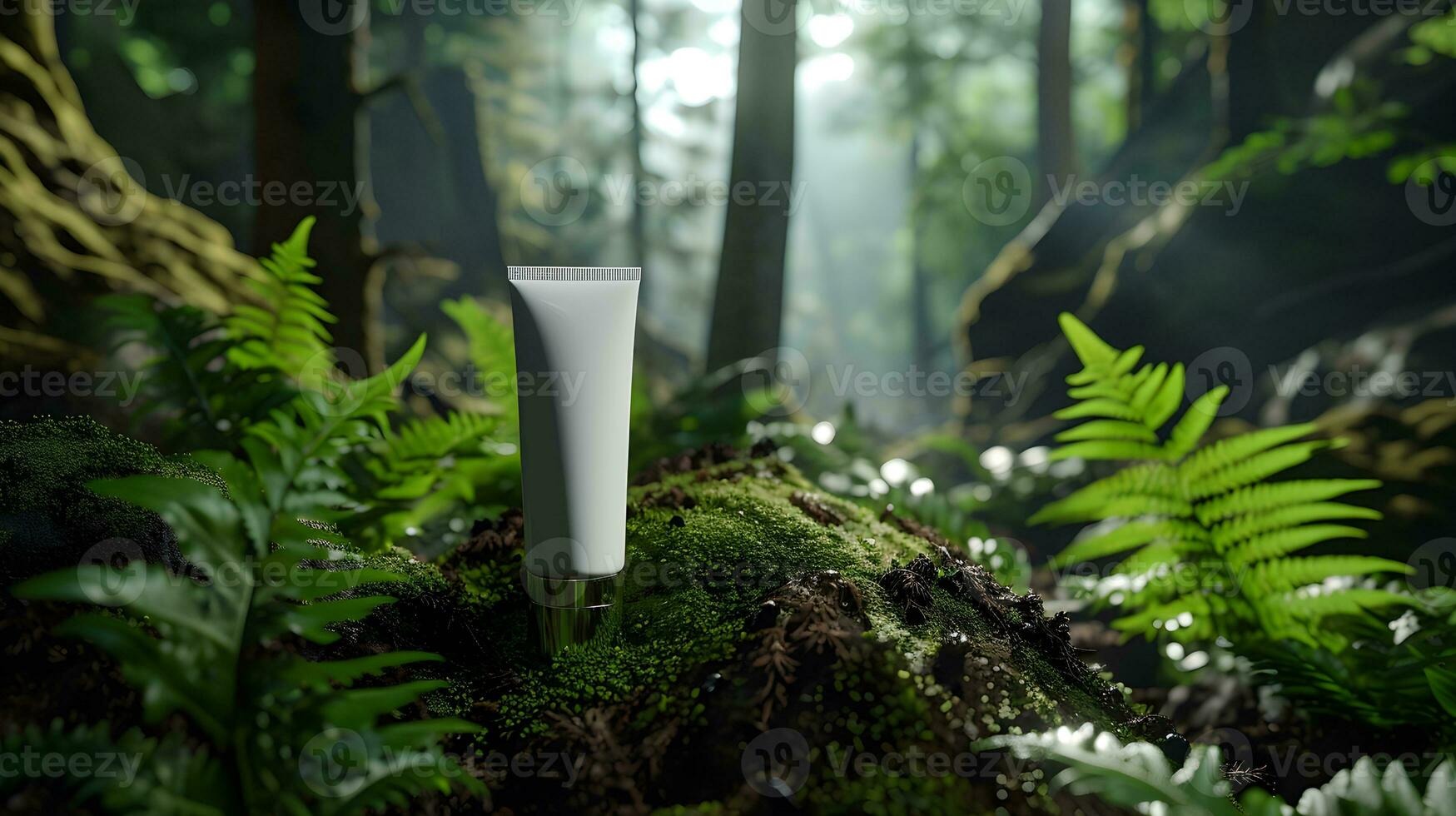 AI generated Sleek skincare tube with blank a silver cap, product mockup, realistic on a mockup template surrounded by vibrant ferns and moss-covered rocks with a serene, misty background photo