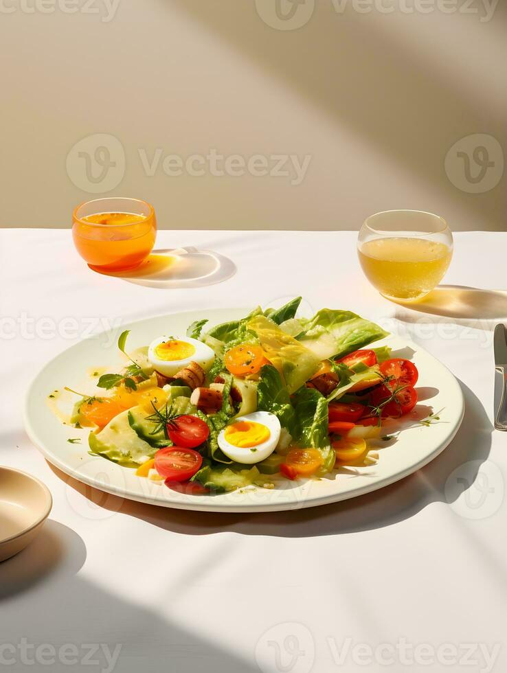 ai generado vegetal ensalada con hervido huevo rebanadas, en un blanco redondo mesa, antecedentes hogar ligero lujo, zara estilo foto