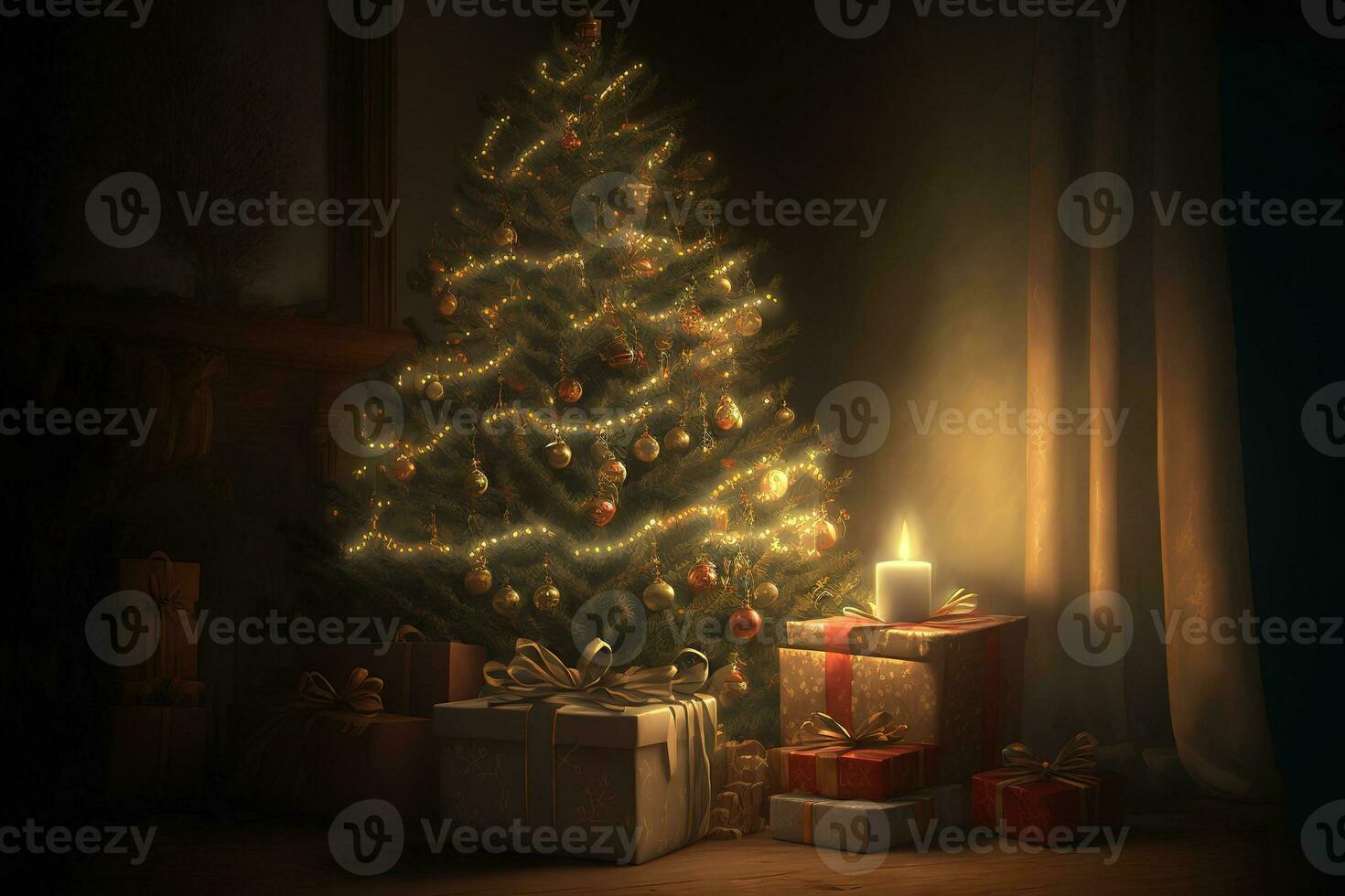 AI generated christmas tree, presents, and a candle in a dark room photo