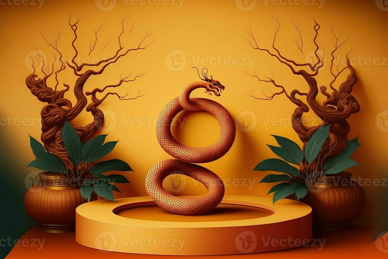 AI generated a snake is sitting on a pedestal surrounded by plants photo