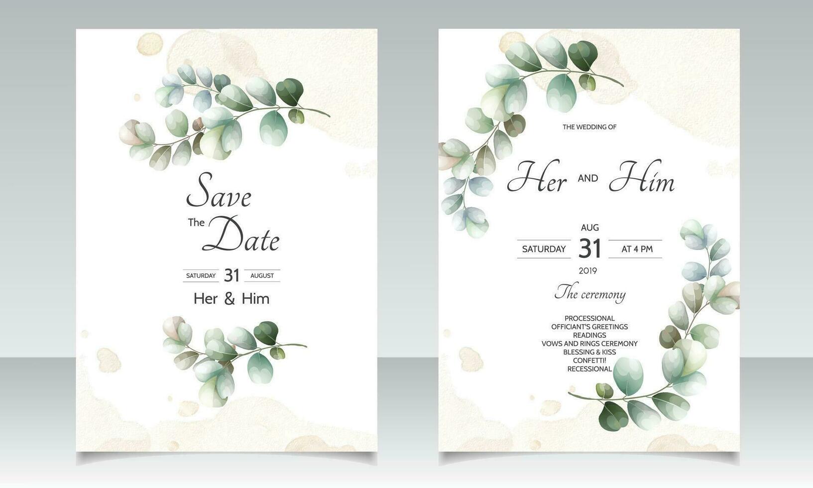 wedding invitation card with Eucalyptus leaves template vector