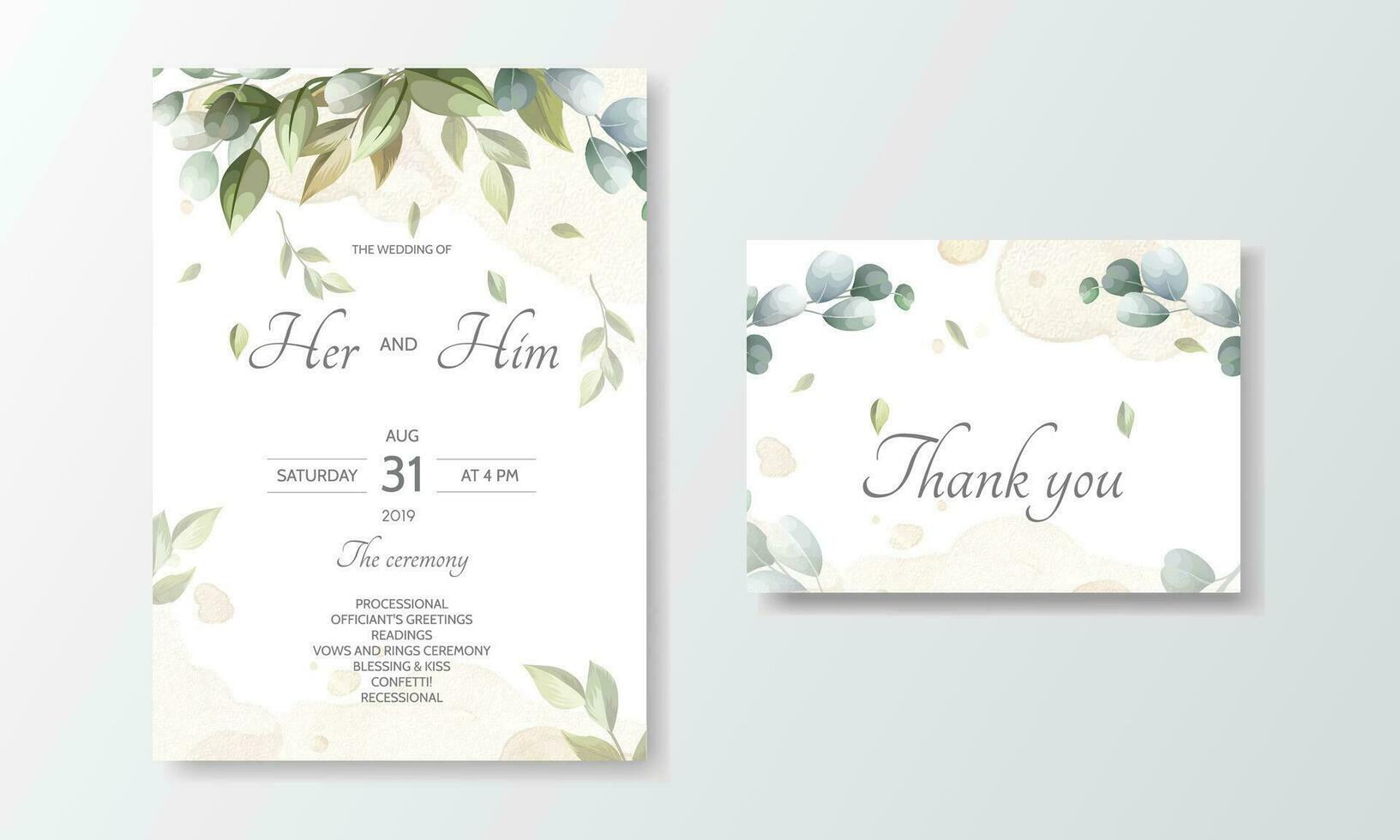 Boda invitación tarjeta con eucalipto hojas modelo vector