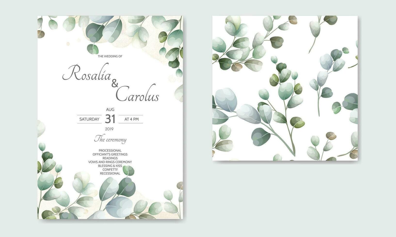 wedding invitation card with Eucalyptus leaves template vector