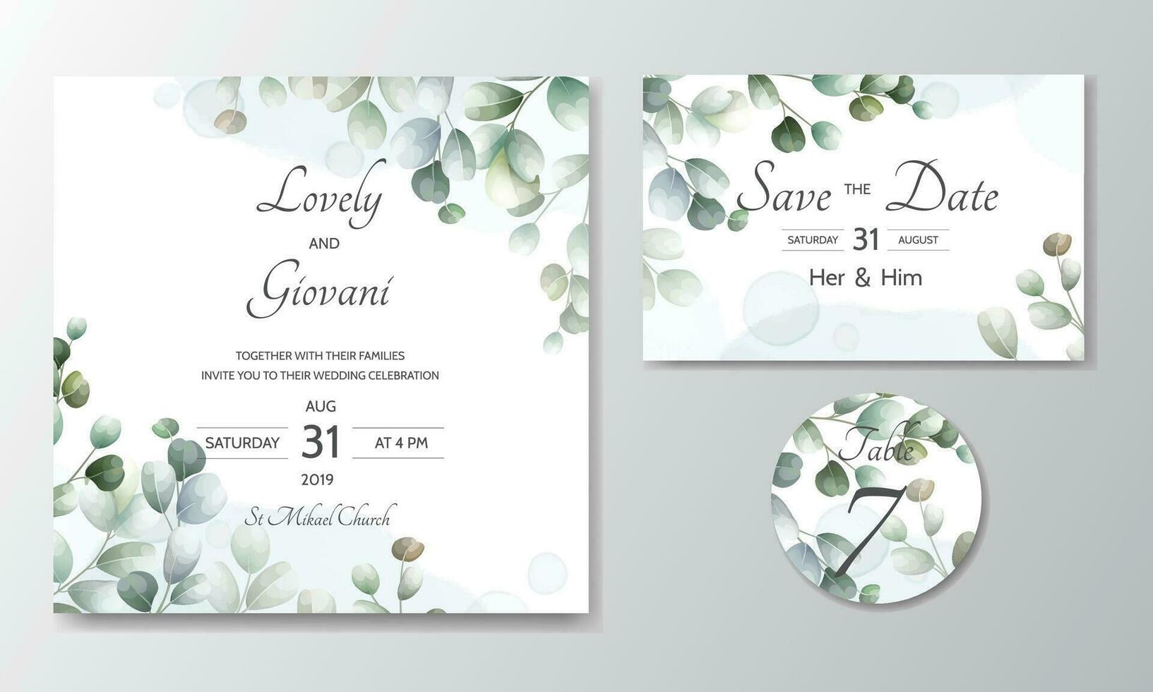 wedding invitation card with Eucalyptus leaves template vector