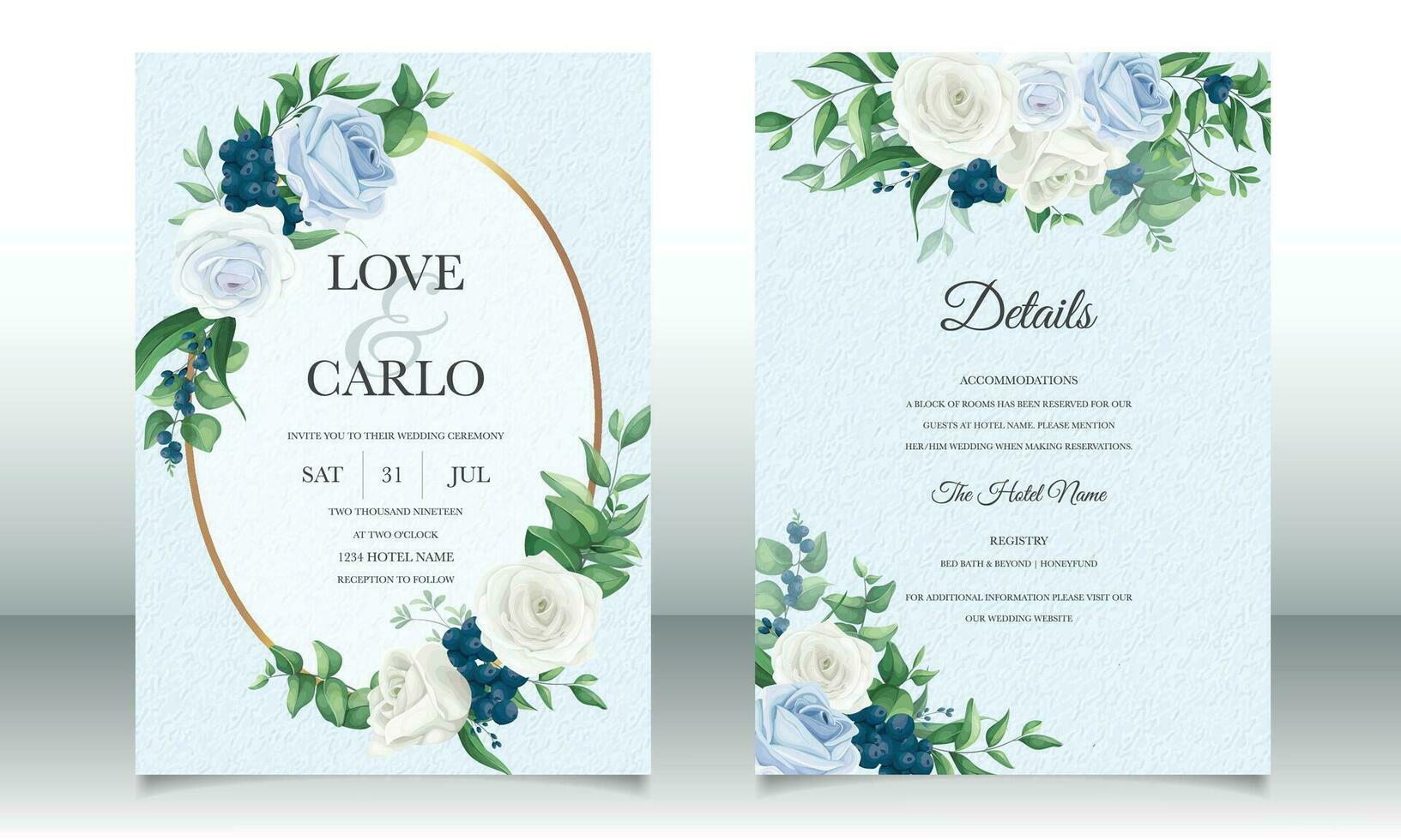 Elegant wedding invitation card with greenery leaves and blueberries vector