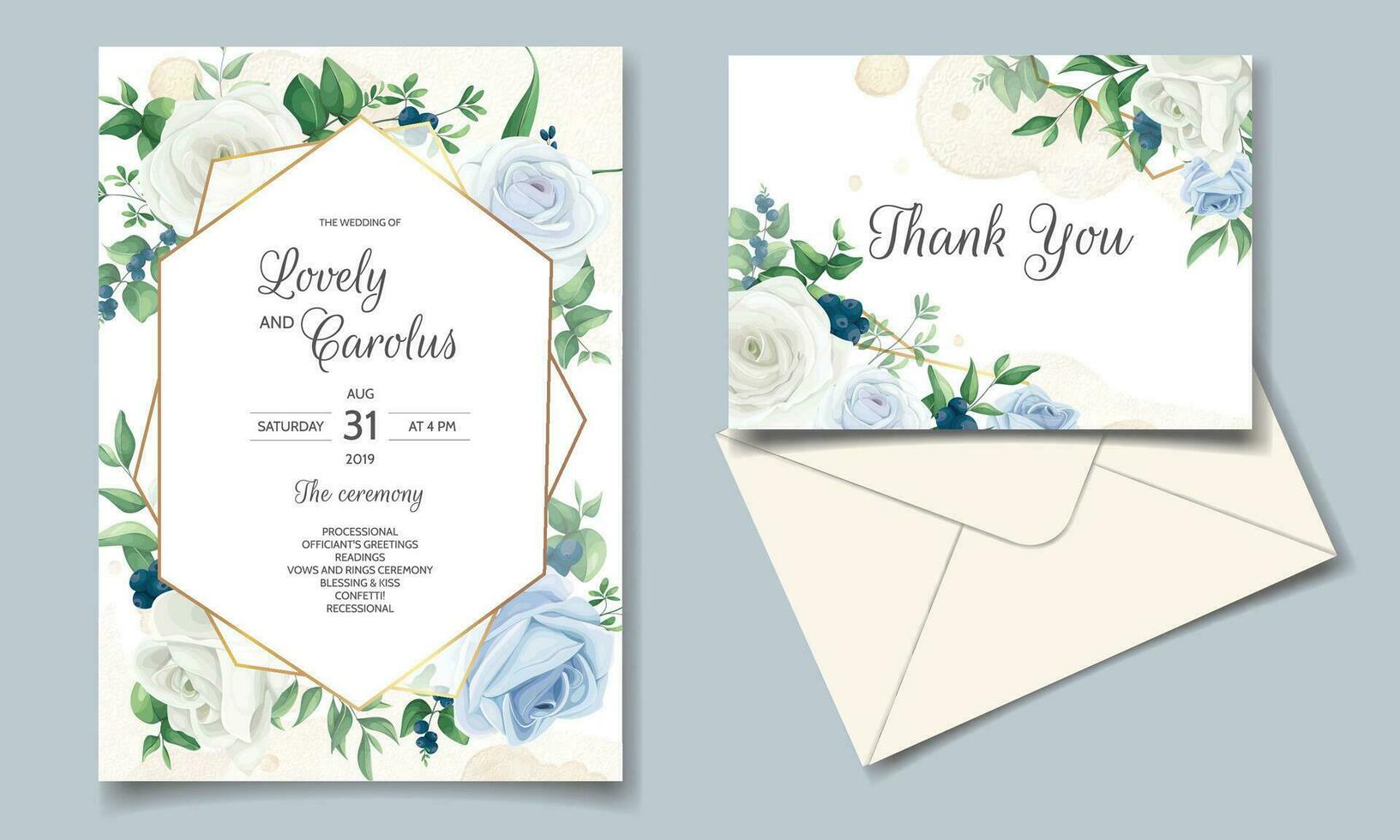Elegant wedding invitation card with greenery leaves and blueberries vector