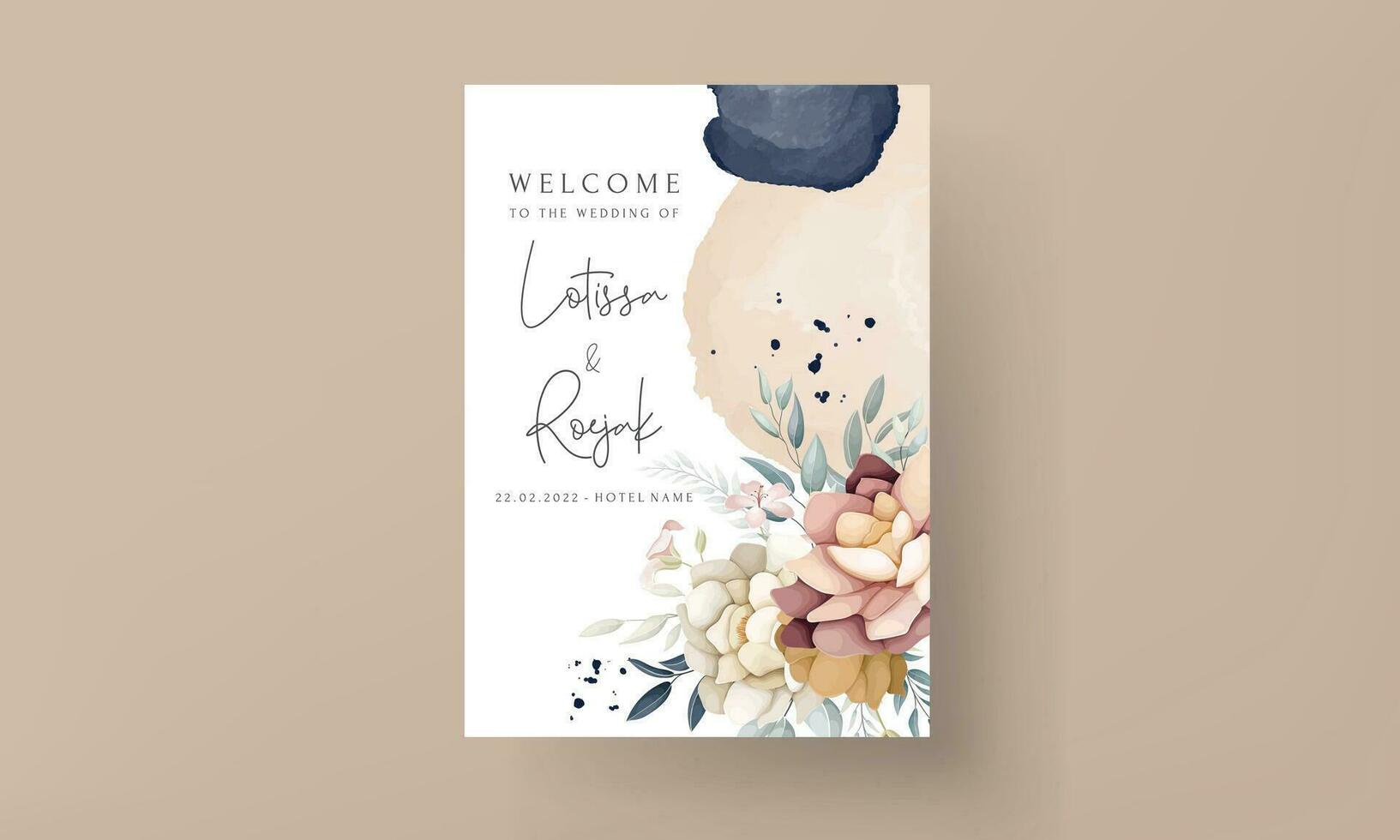 Illustration of a wedding invitation watercolor flower bouquet set branches brown leaves red flowers vector