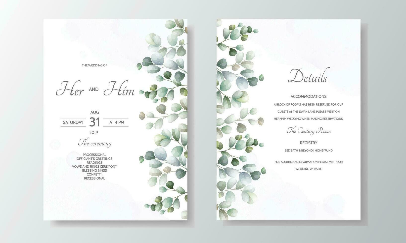 Boda invitación tarjeta con eucalipto hojas modelo vector