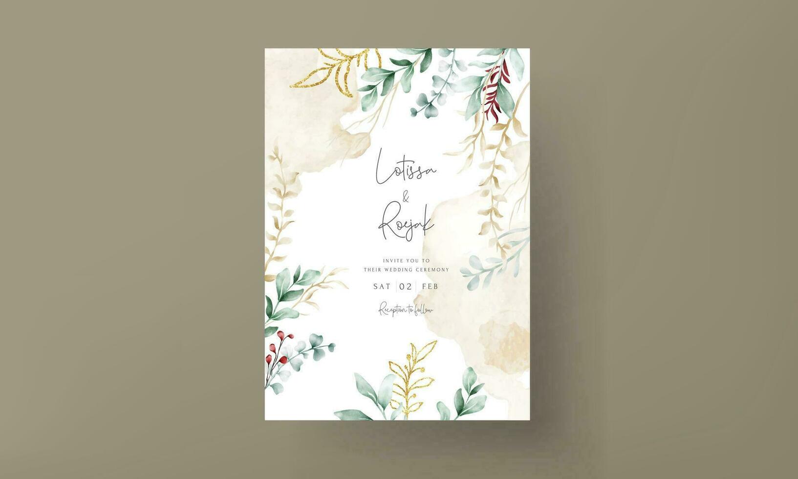 leaves watercolor invitation card template vector