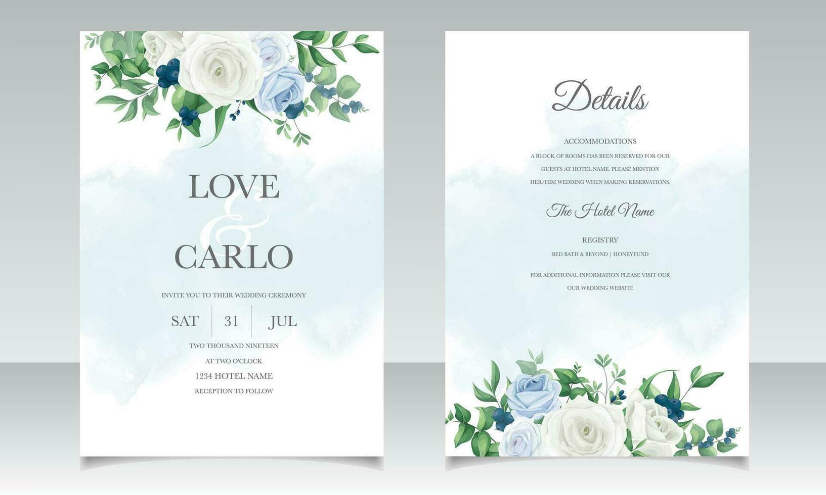 Elegant wedding invitation card with greenery leaves and blueberries vector