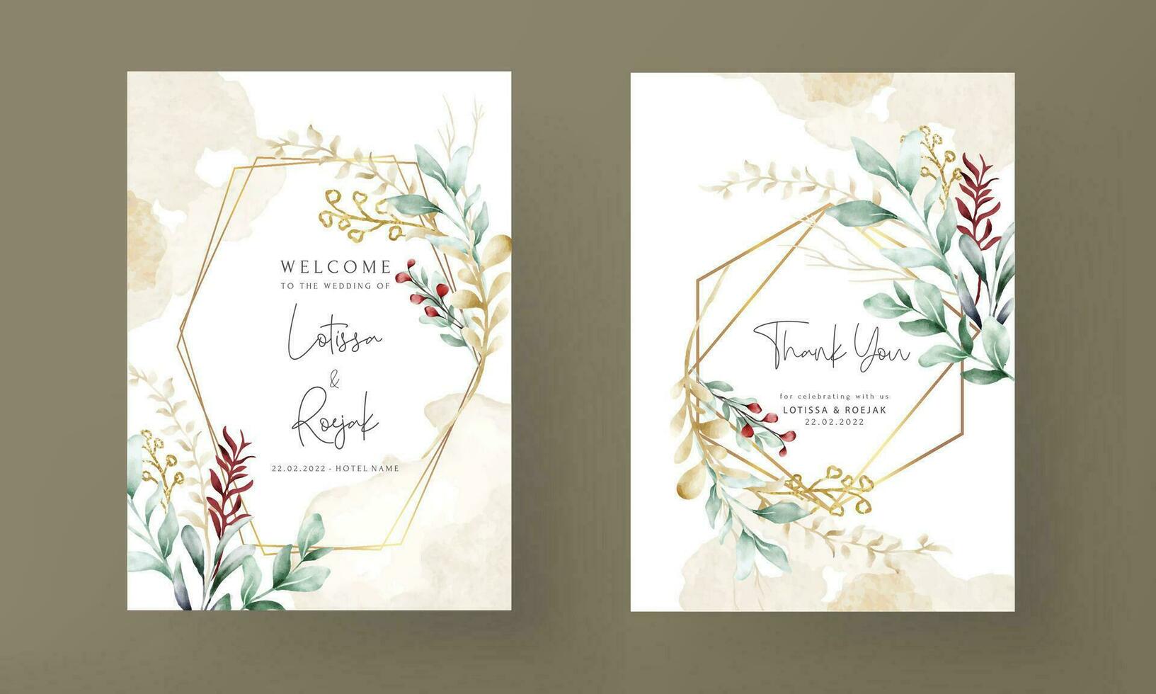 leaves watercolor invitation card template vector