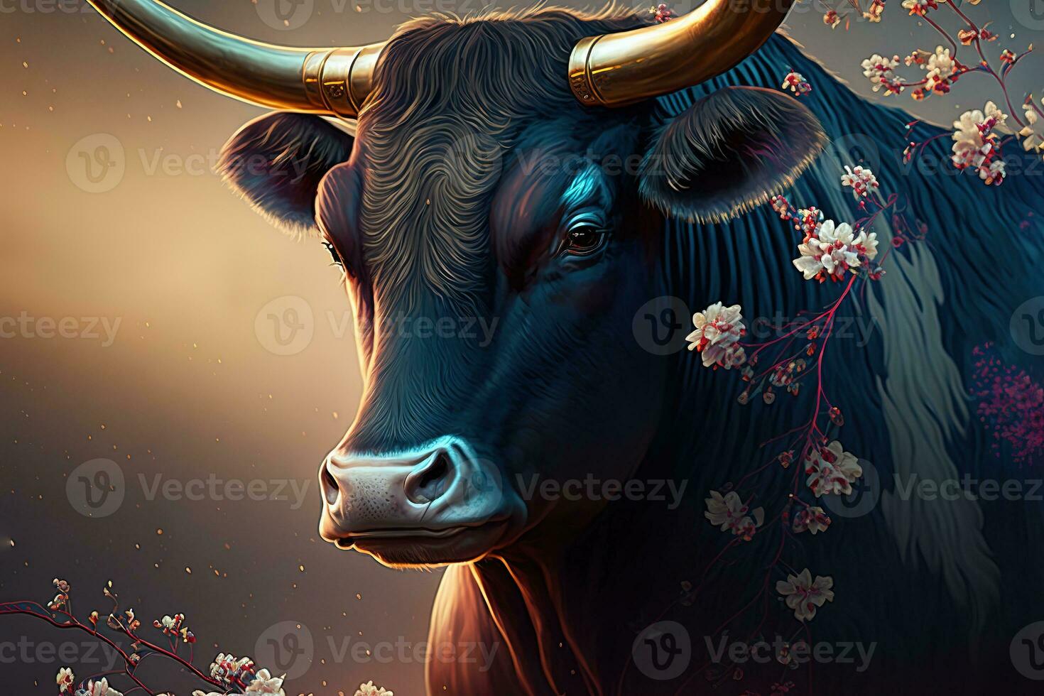 AI generated a bull with flowers on its head photo