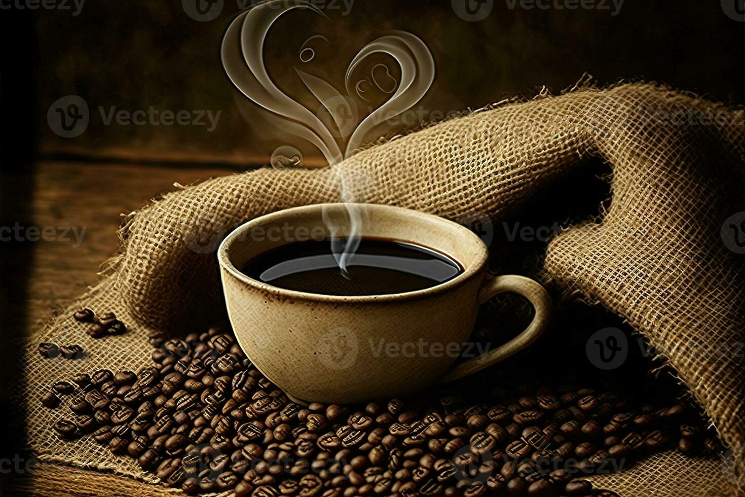 AI generated coffee beans and a cup of coffee photo