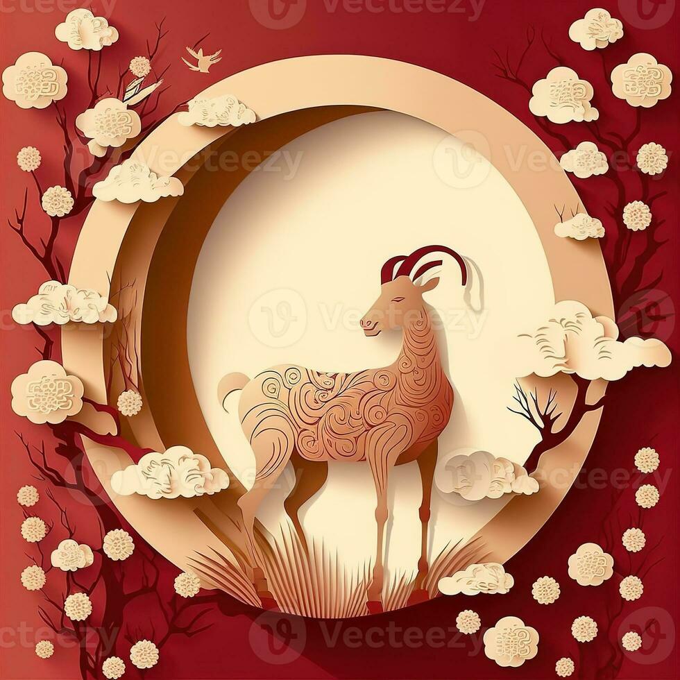 AI generated chinese new year greeting card with goat and flowers photo