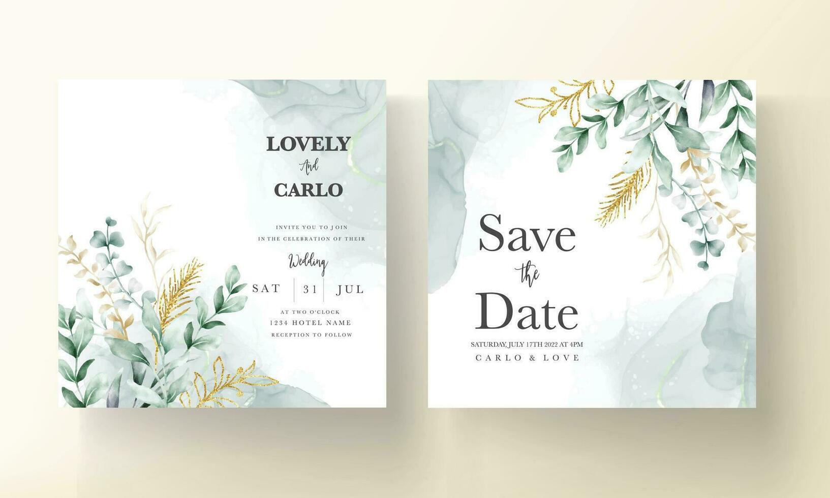 leaves watercolor invitation card template vector