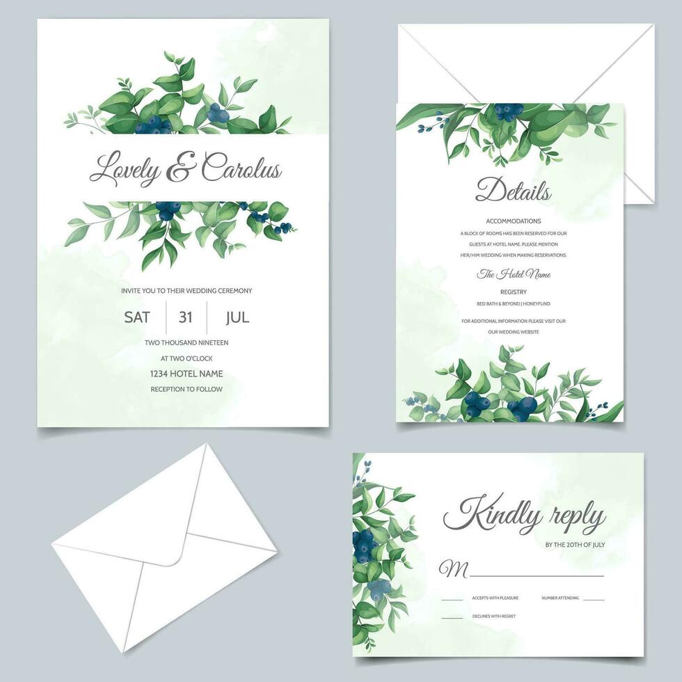 elegante Boda invitación tarjeta con verdor hojas y arándanos vector